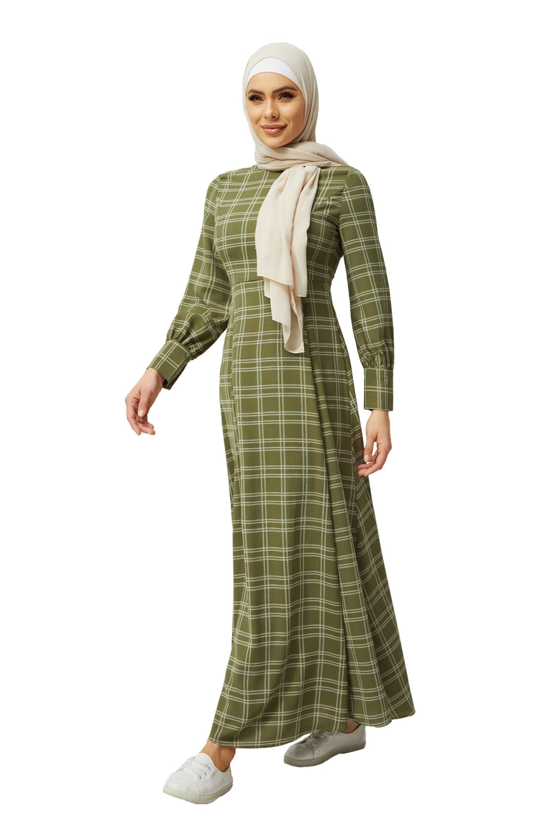 Urban Modesty - Olive Grid Print Long Sleeve Maxi Dress-CLEARANCE
