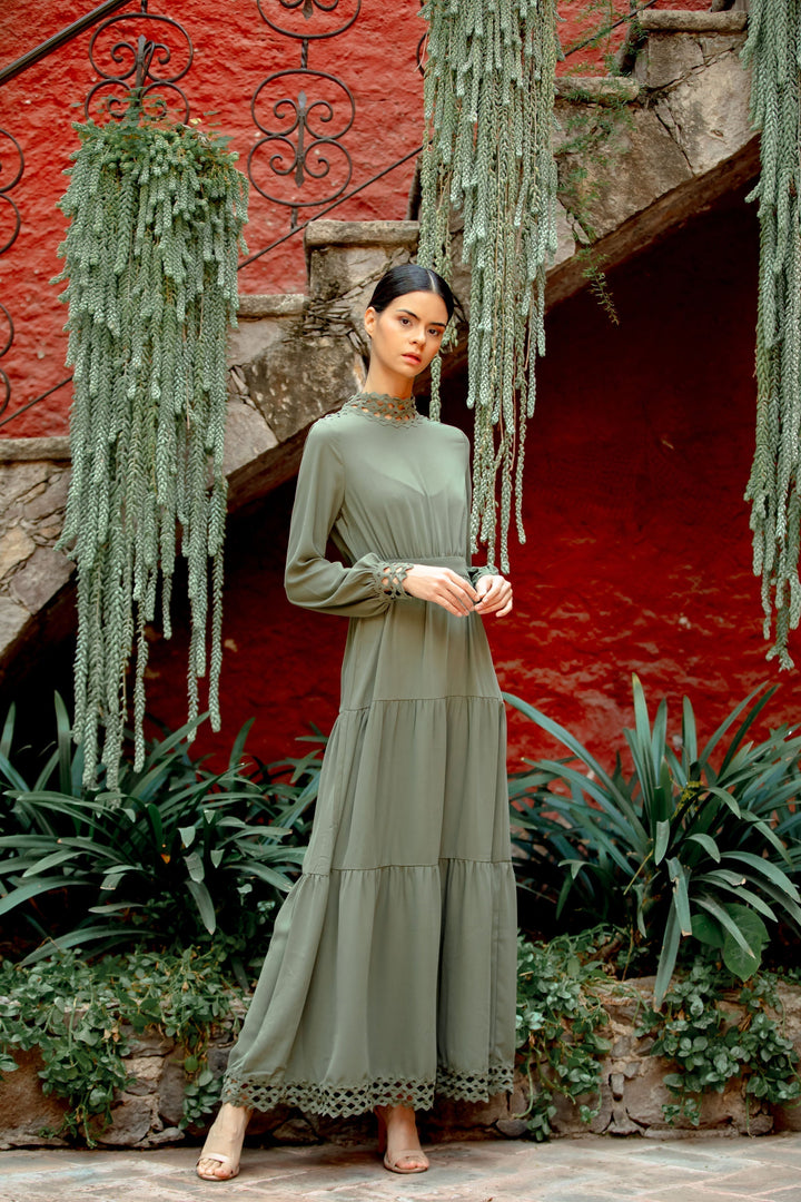 Urban Modesty - Olive Lace Tiered Maxi Dress