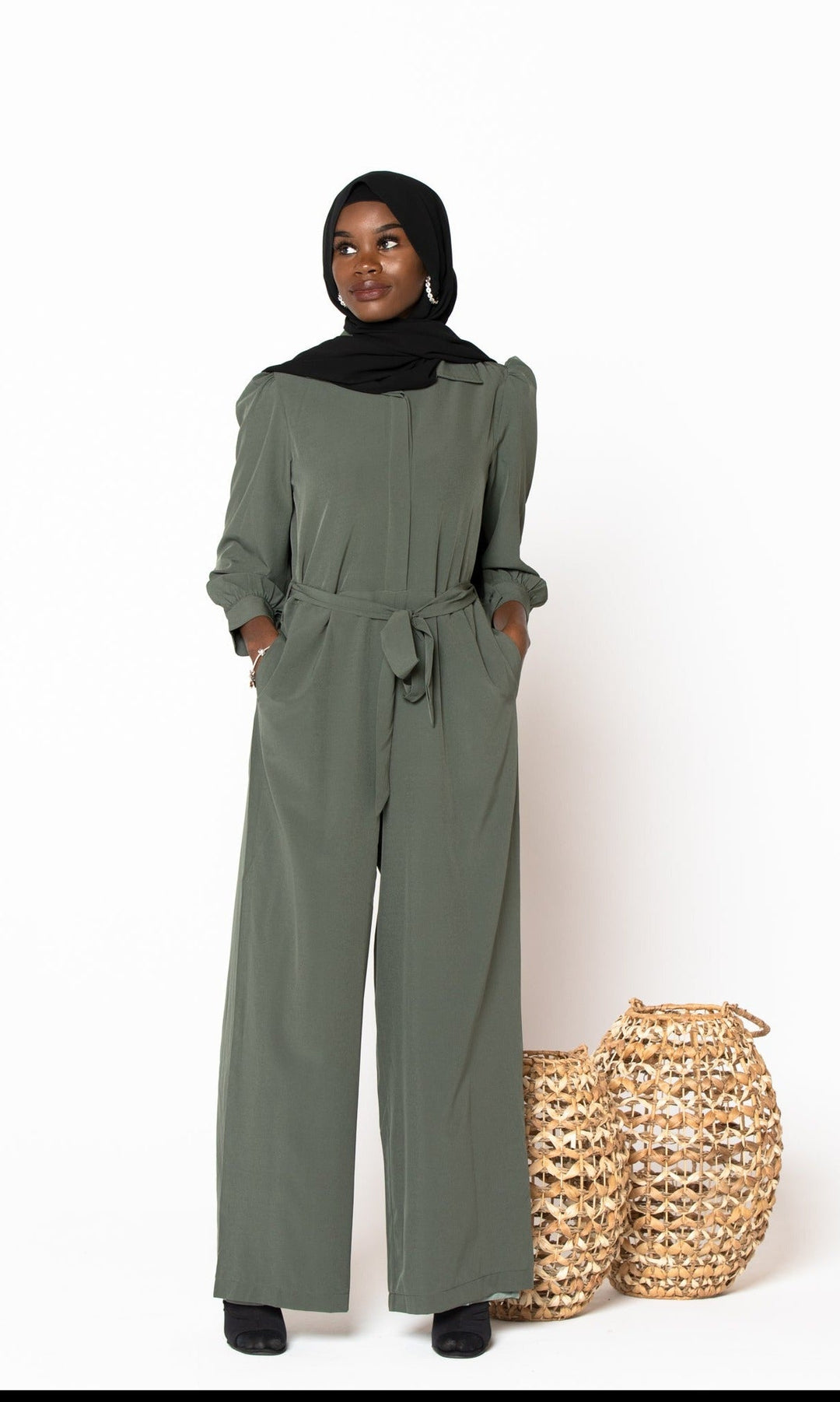 Urban Modesty - Olive Lattice Long Sleeve Jumpsuit