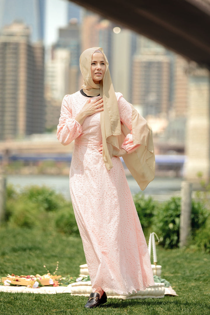 Urban Modesty - Peach Eyelet Long Sleeve Maxi Dress