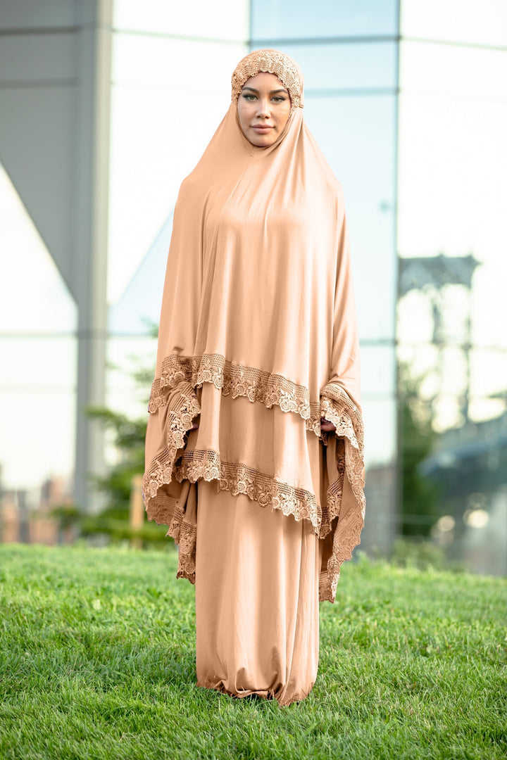 Urban Modesty - Peach Two Piece Lace Salah Prayer Outfit