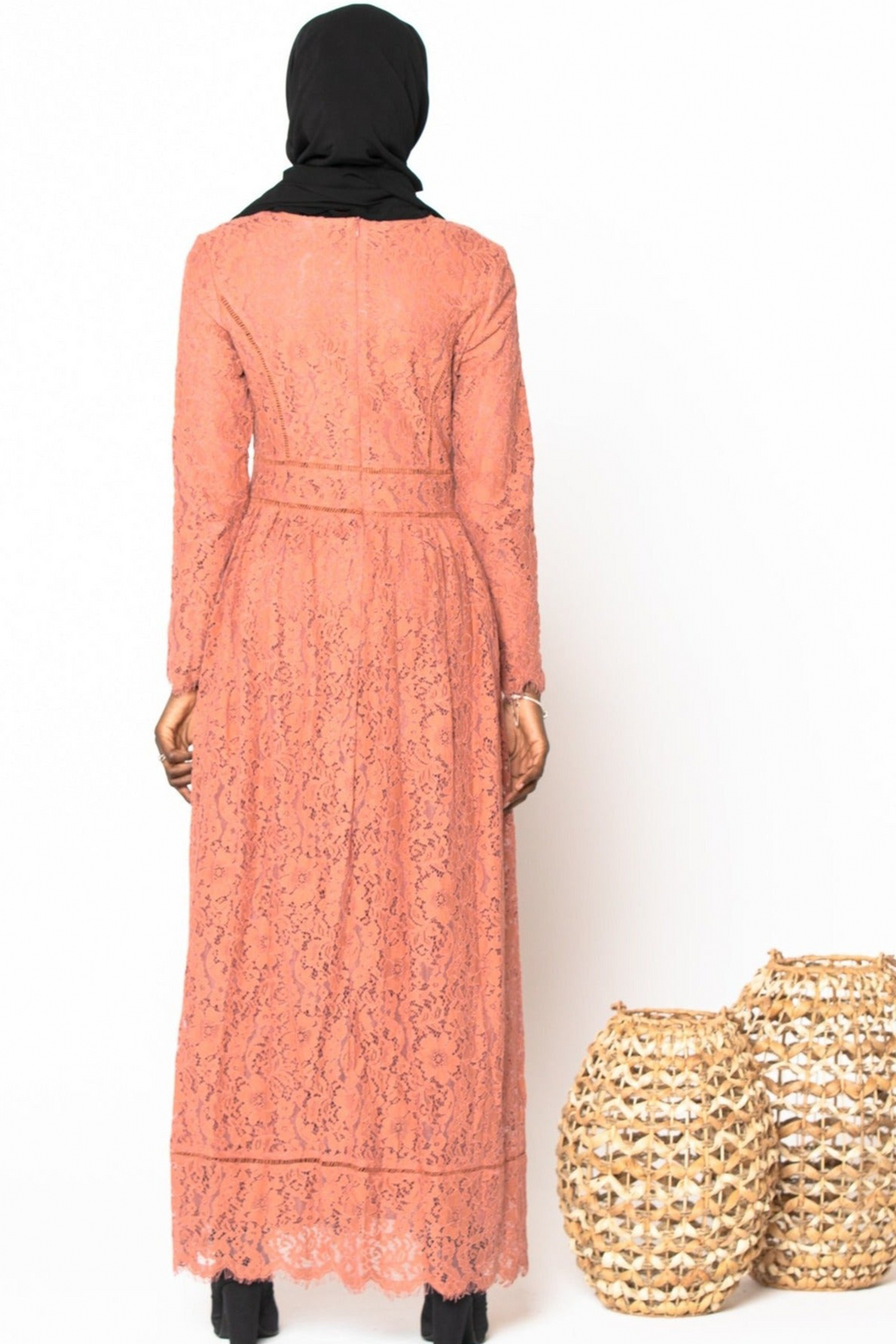 Urban Modesty - Peach Zahra Lace Long Sleeve Maxi Gown