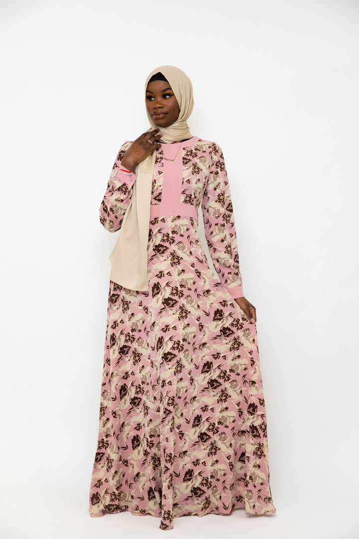 Urban Modesty - Pink and Beige Floral Chiffon Maxi Dress With Sleeves