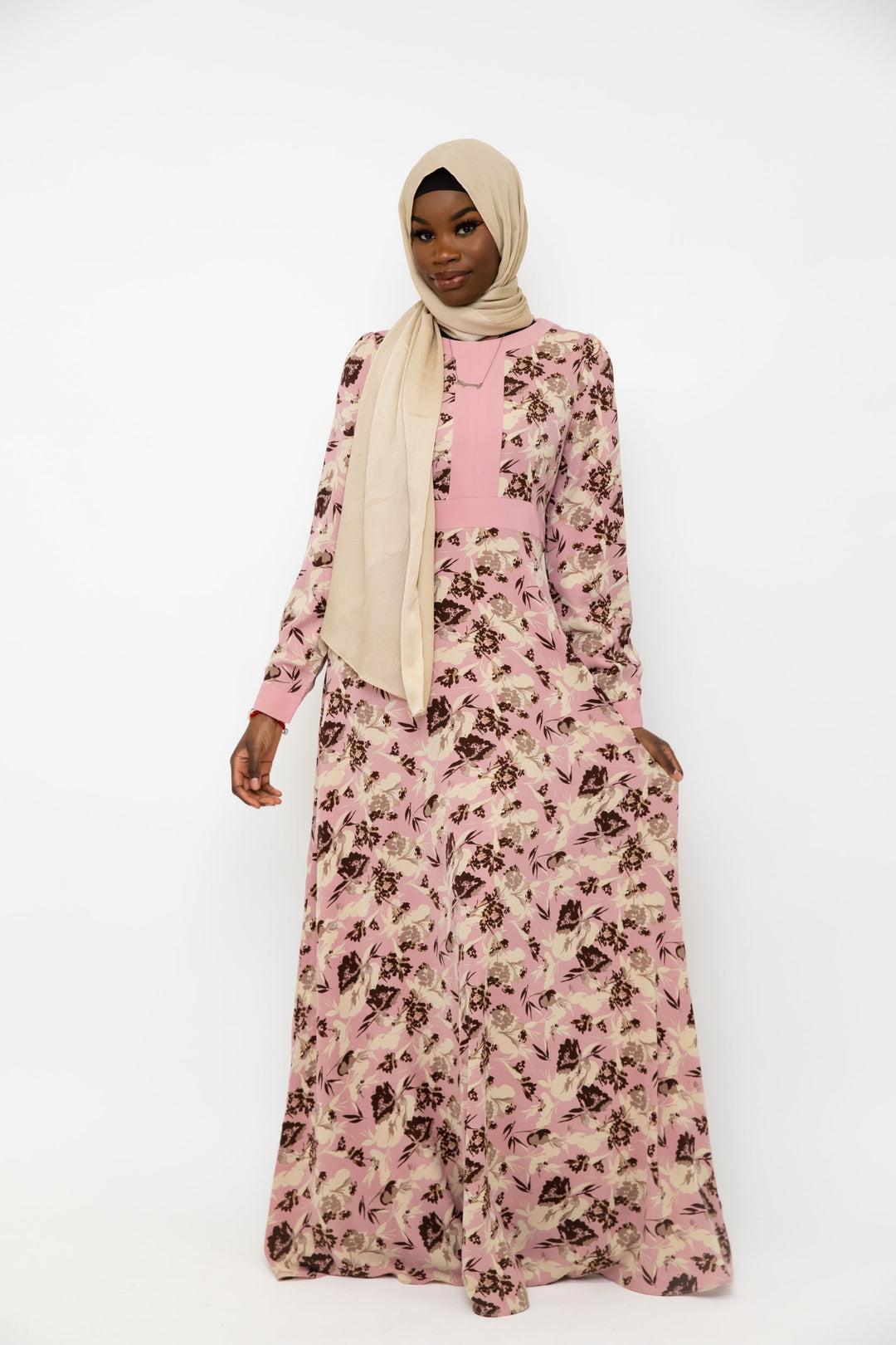 Urban Modesty - Pink and Beige Floral Chiffon Maxi Dress With Sleeves