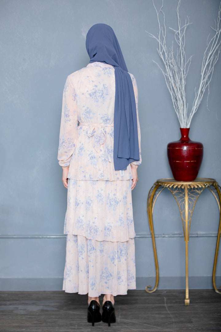 Urban Modesty - Pink and Blue Button Down Cascading Chiffon Maxi Dress
