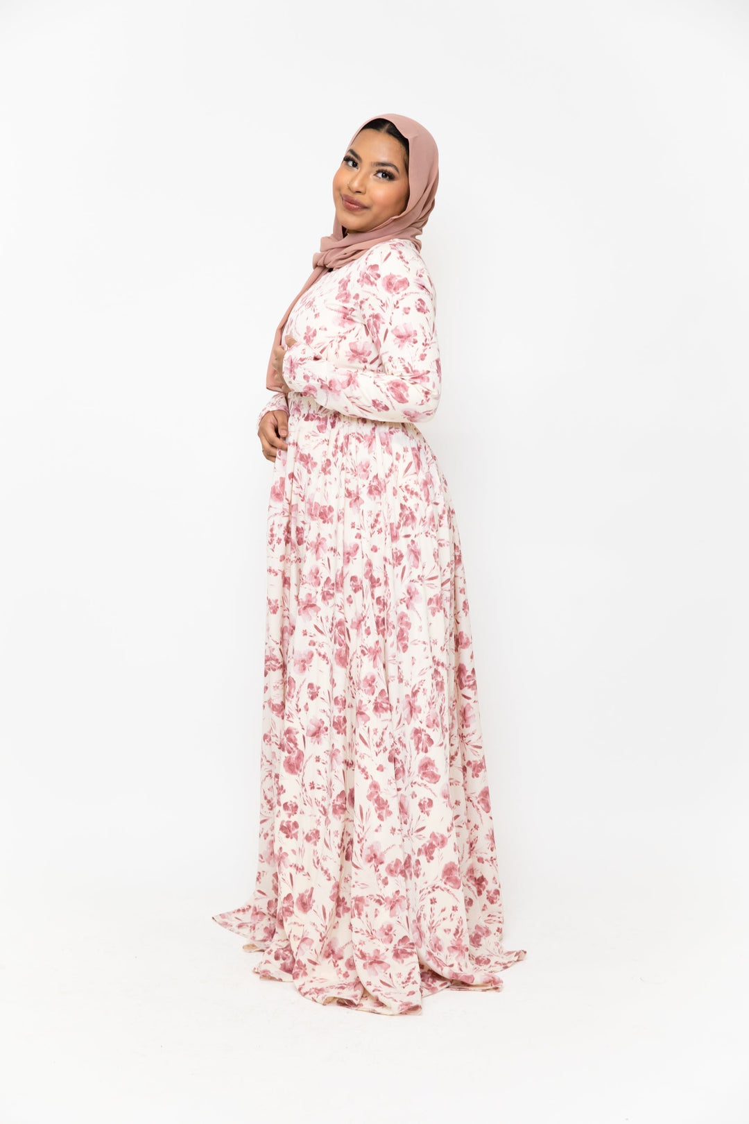 Urban Modesty - Pink and White Floral Chiffon Maxi Dress With Sleeves