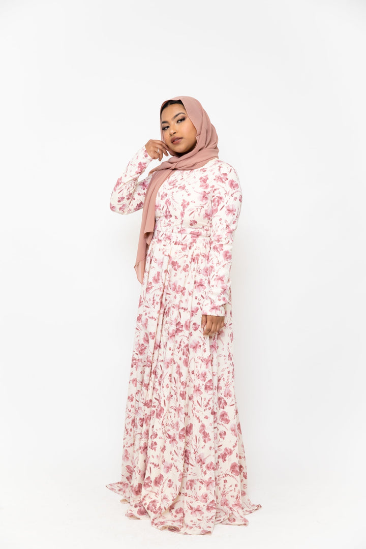 Urban Modesty - Pink and White Floral Chiffon Maxi Dress With Sleeves