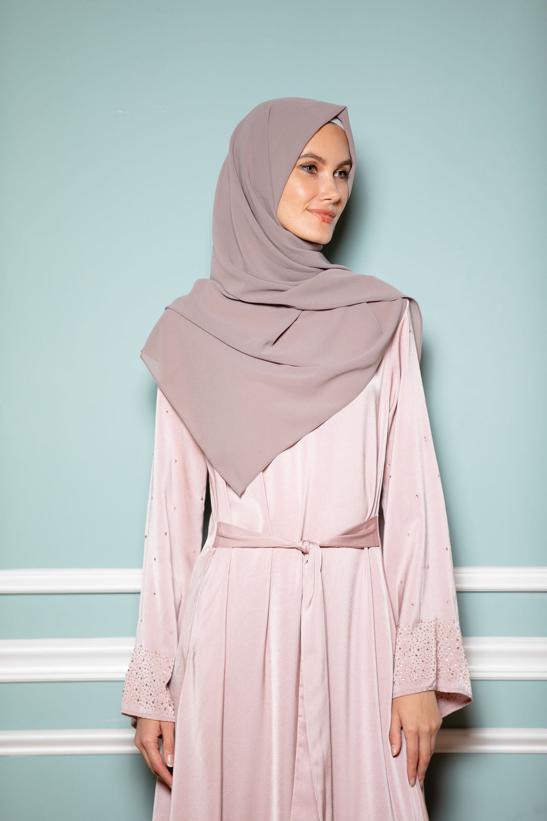 Urban Modesty - Pink Beaded Satin Long Sleeve Maxi Dress-CLEARANCE