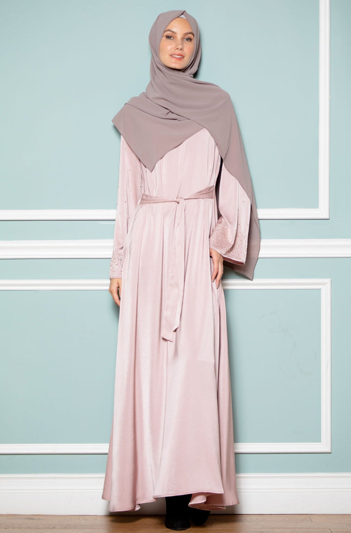 Urban Modesty - Pink Beaded Satin Long Sleeve Maxi Dress-CLEARANCE