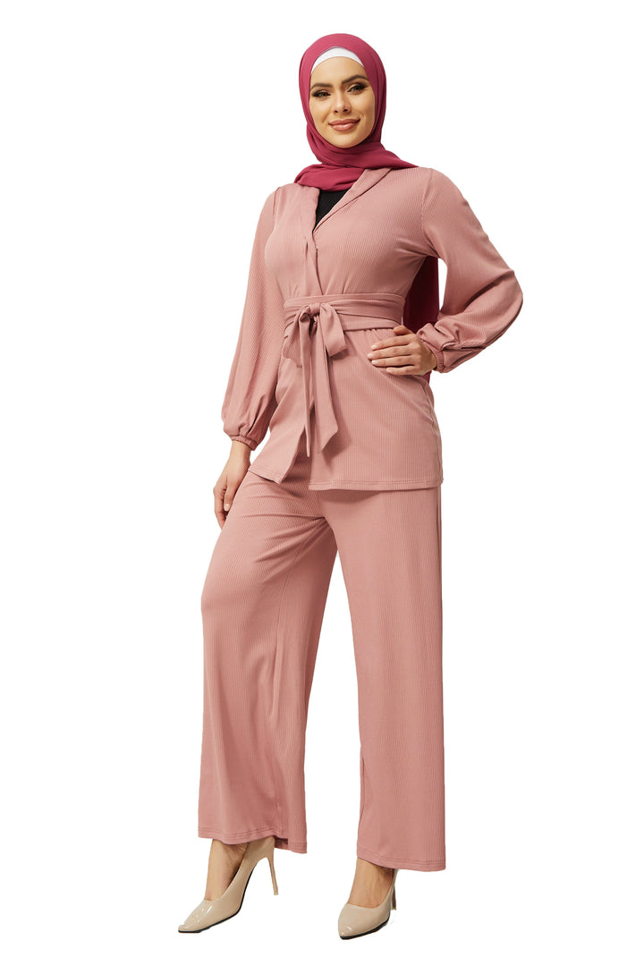 Urban Modesty - Pink Belted Ribbed Tunic & Pant Set