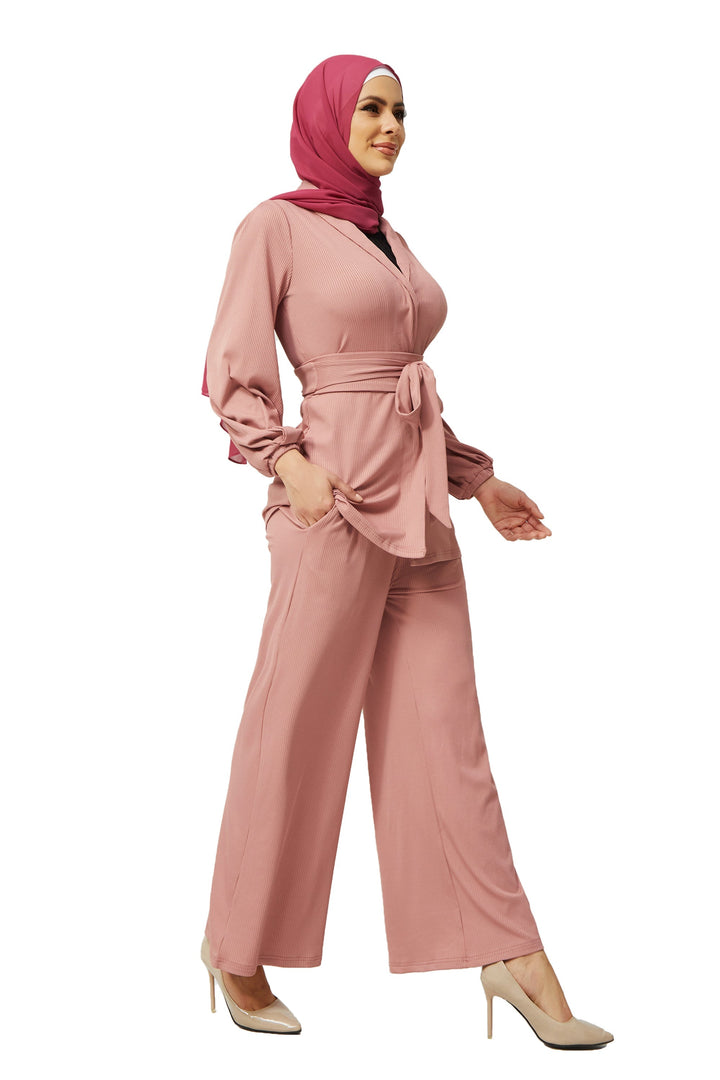 Urban Modesty - Pink Belted Ribbed Tunic & Pant Set