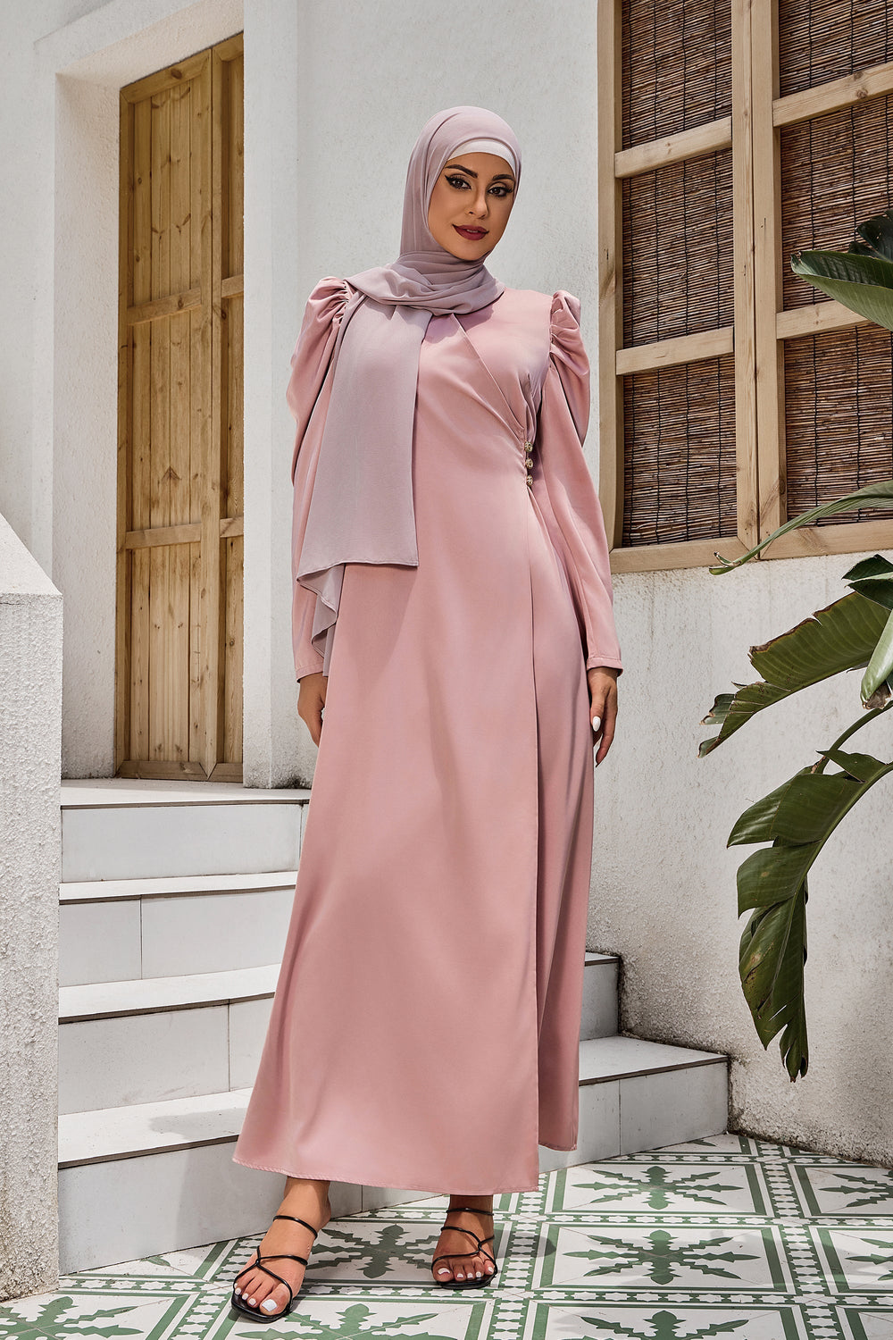 Urban Modesty - Pink Criss Cross Puff Sleeve Maxi Dress