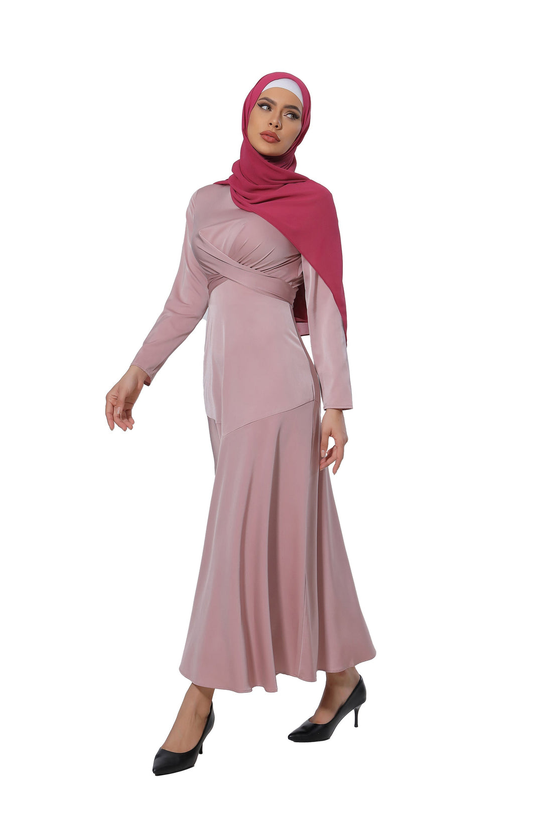 Urban Modesty - Pink Criss Cross Satin Long Sleeve Maxi Dress