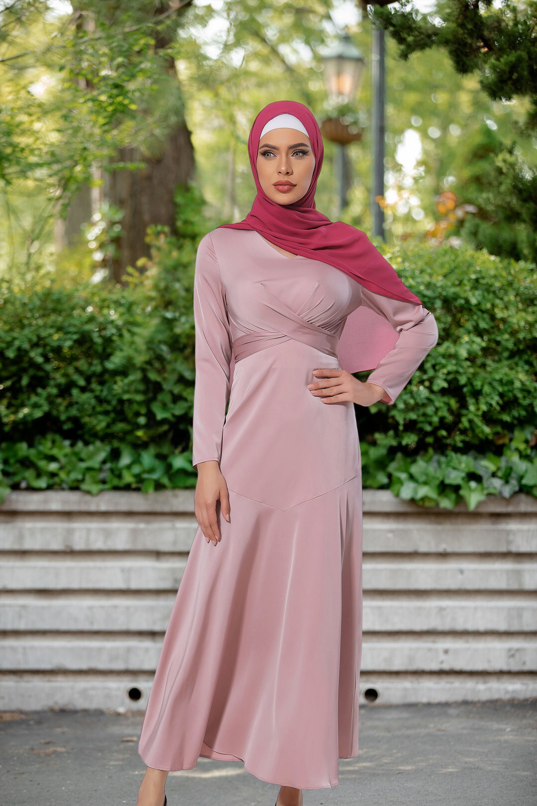 Urban Modesty - Pink Criss Cross Satin Long Sleeve Maxi Dress