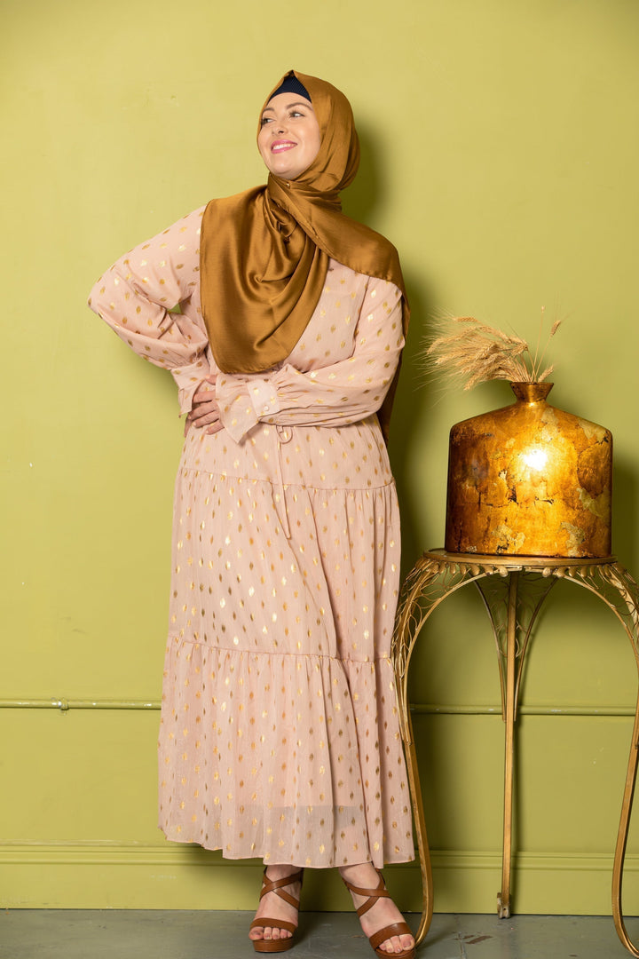 Urban Modesty - Pink Diamond Shimmer Tiered Drawstring Maxi Dress
