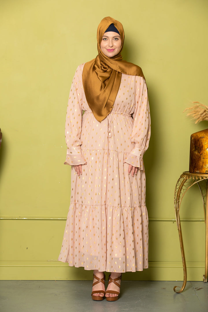Urban Modesty - Pink Diamond Shimmer Tiered Drawstring Maxi Dress