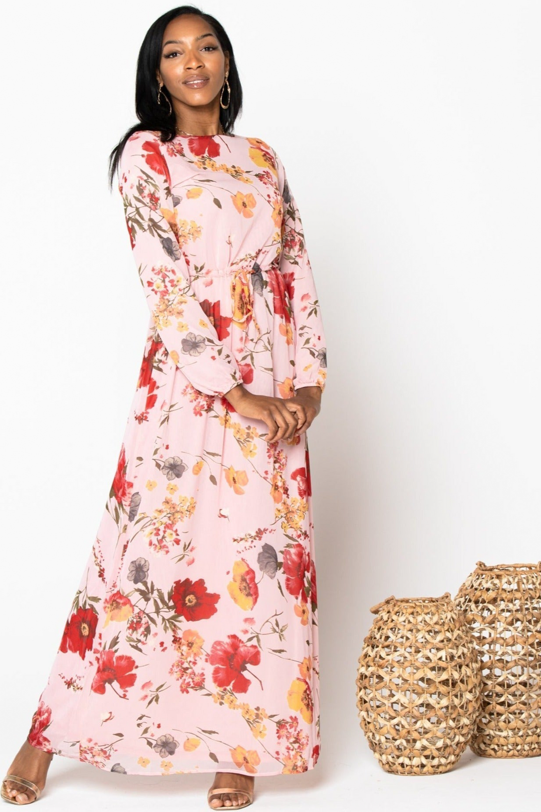 Urban Modesty - Pink Floral Drawstring Maxi Dress-CLEARANCE
