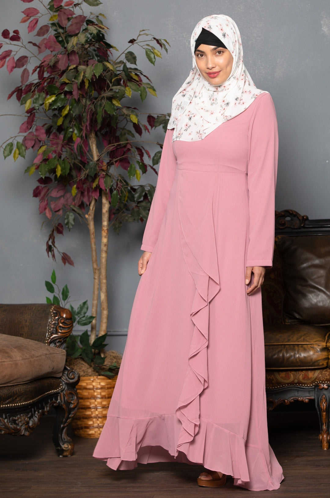 Urban Modesty - Pink Ruffle Floral Maxi Dress With Sleeves- Clearance