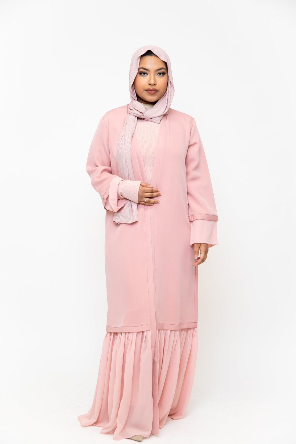 Urban Modesty - Pink Ruffle Open Front Abaya-CLEARANCE