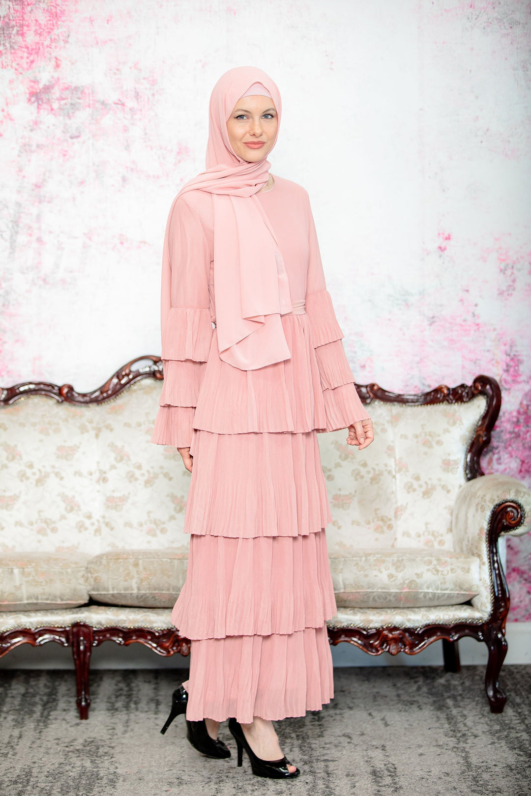 Urban Modesty - Pink Ruffle Sleeve Maxi Dress