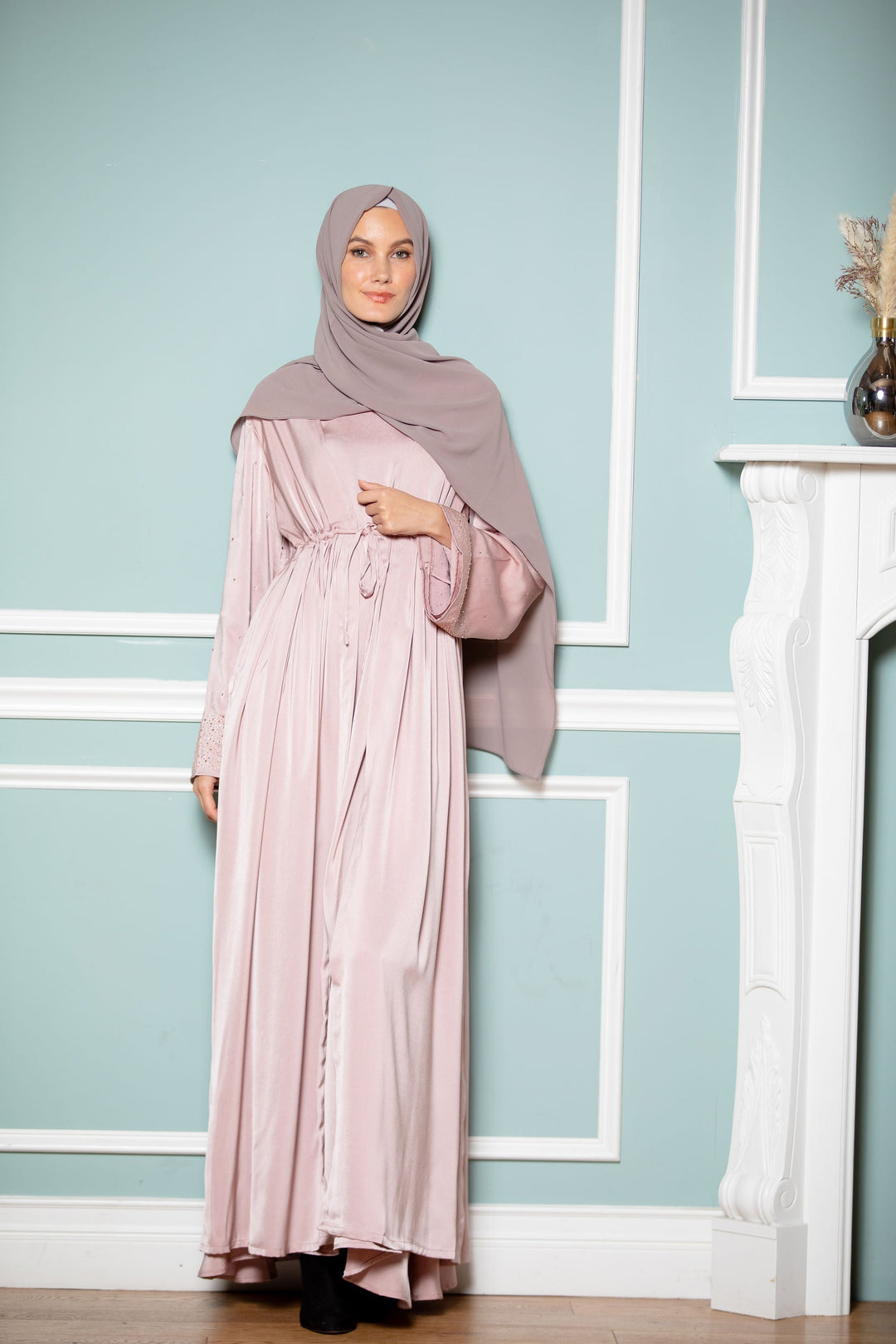 Urban Modesty - Pink Satin Drawstring Open Front Abaya