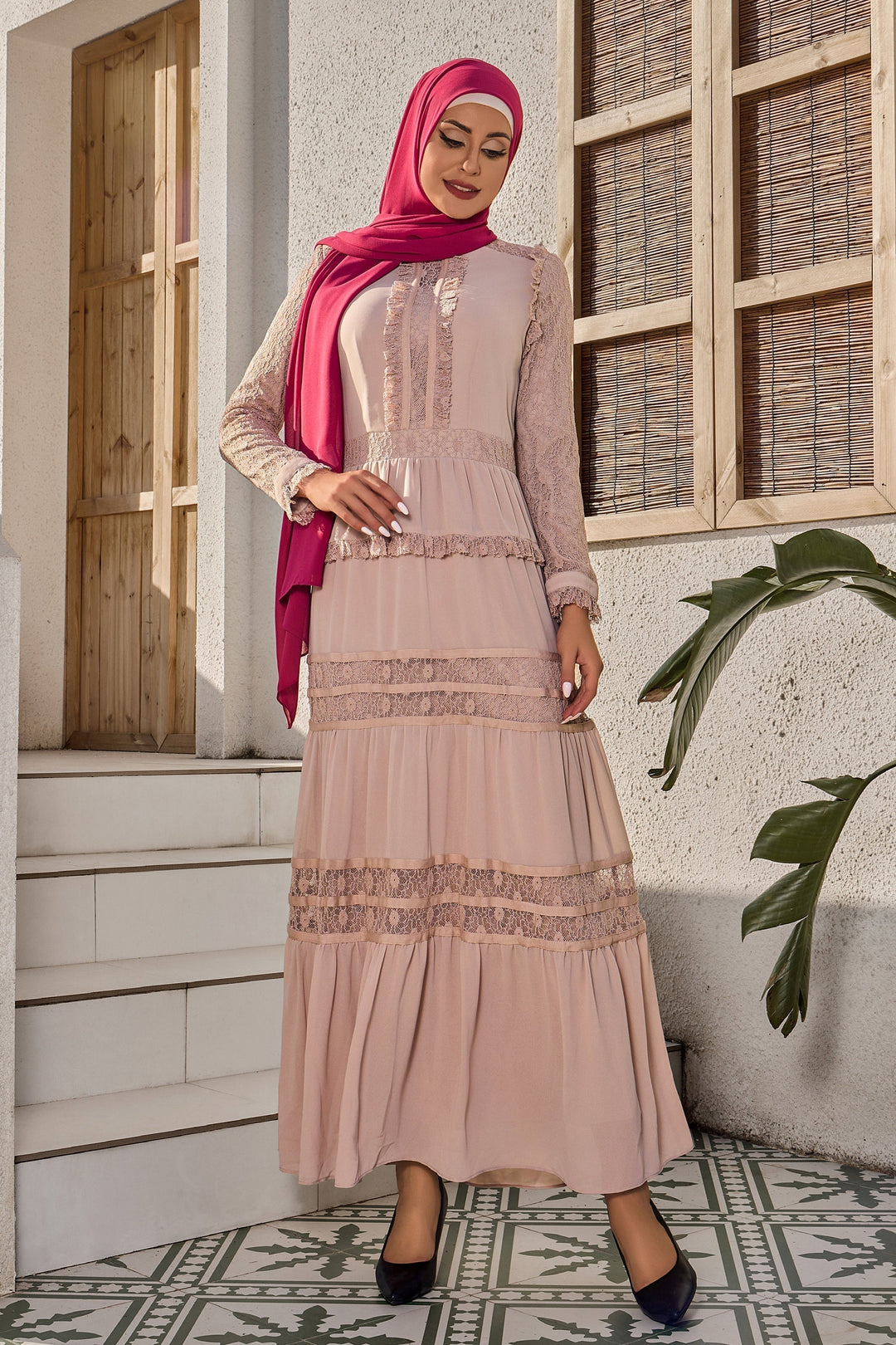 Urban Modesty - Pink Triple Tiered Lace Maxi Dress