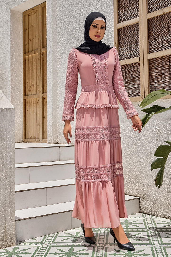 Urban Modesty - Pink Triple Tiered Lace Maxi Dress