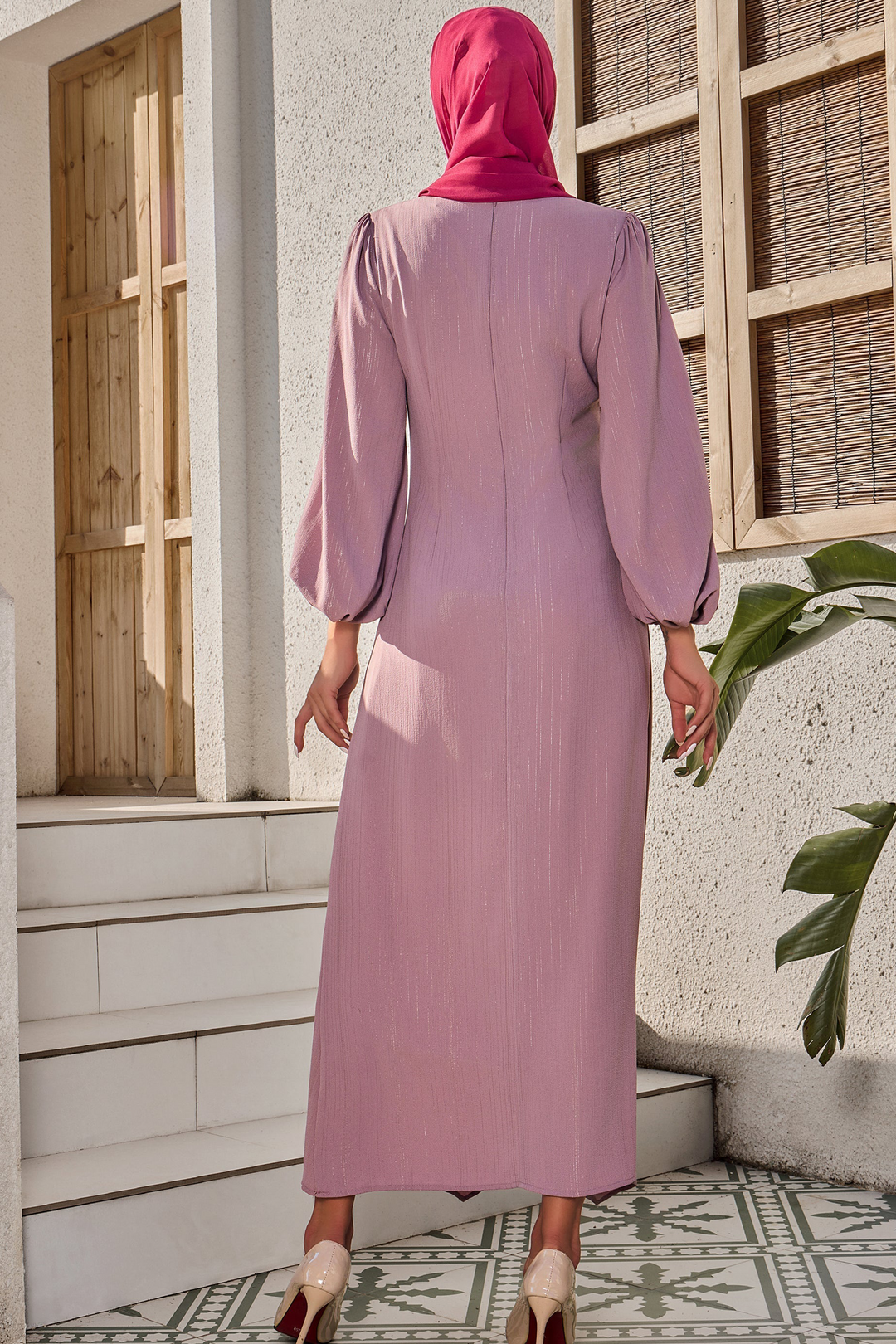 Urban Modesty - Pinky Pink Metallic Pinstripe Long Sleeve Maxi Dress
