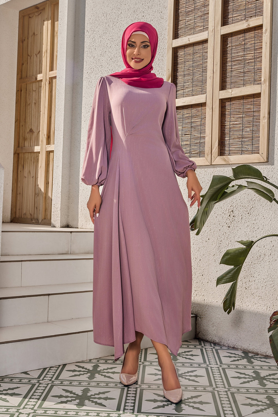 Urban Modesty - Pinky Pink Metallic Pinstripe Long Sleeve Maxi Dress