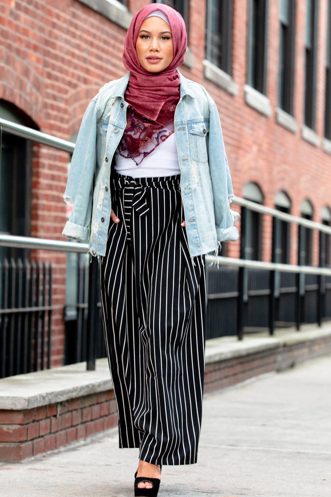Urban Modesty - Pinned Striped Belted Maxi Skirt