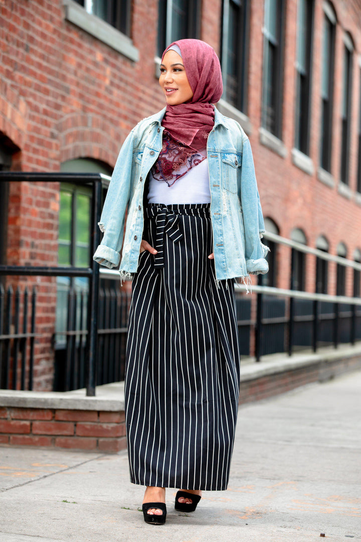 Urban Modesty - Pinned Striped Belted Maxi Skirt