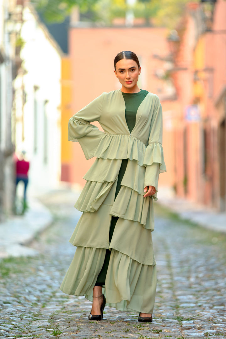 Urban Modesty - Pistachio Cascading Ruffles Open Front Abaya
