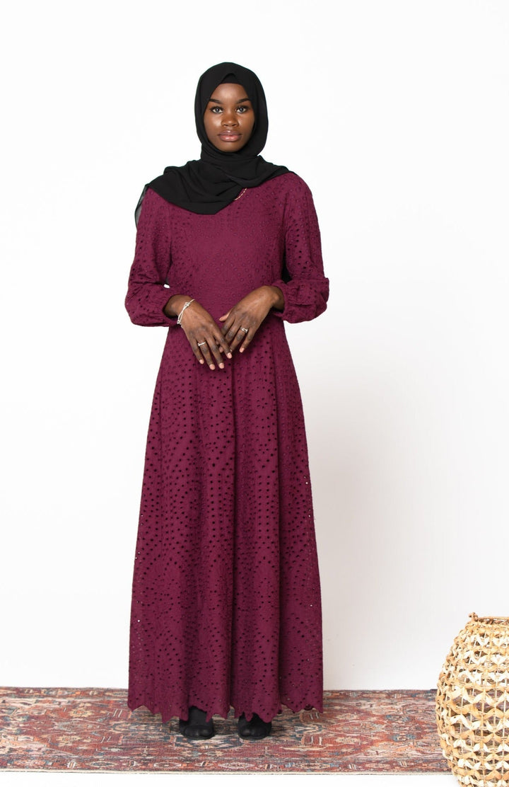 Plum Eyelet Long Sleeve Maxi Dress-CLEARANCE