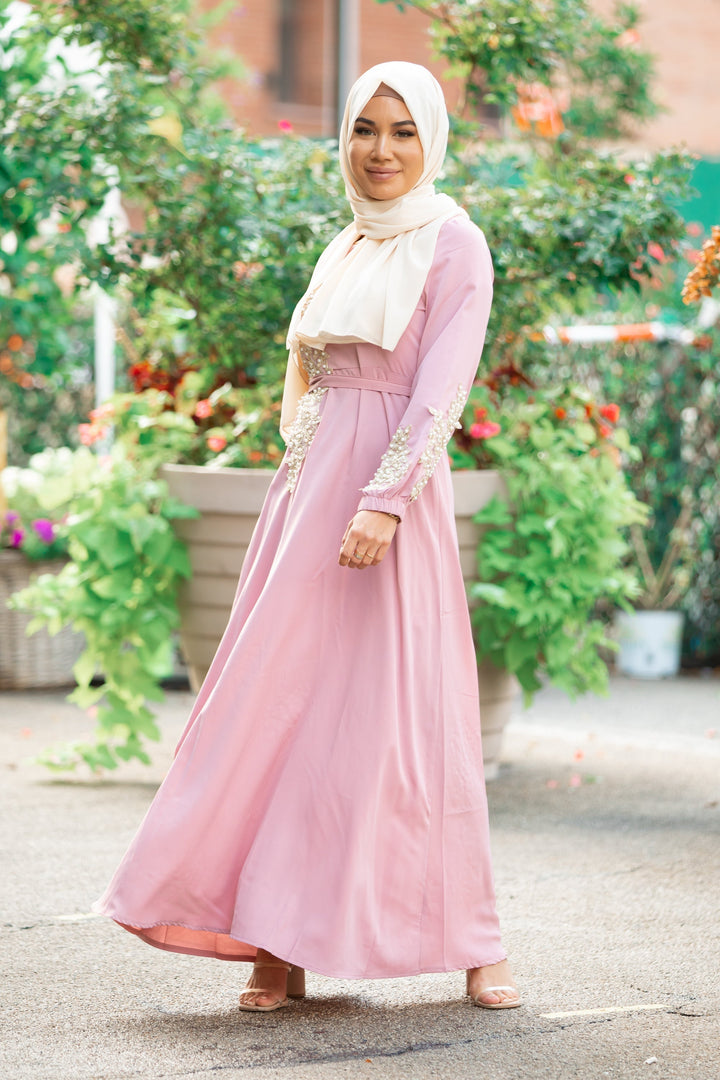 Urban Modesty - Pretty In Pink Pearl Long Sleeve Evening Gown