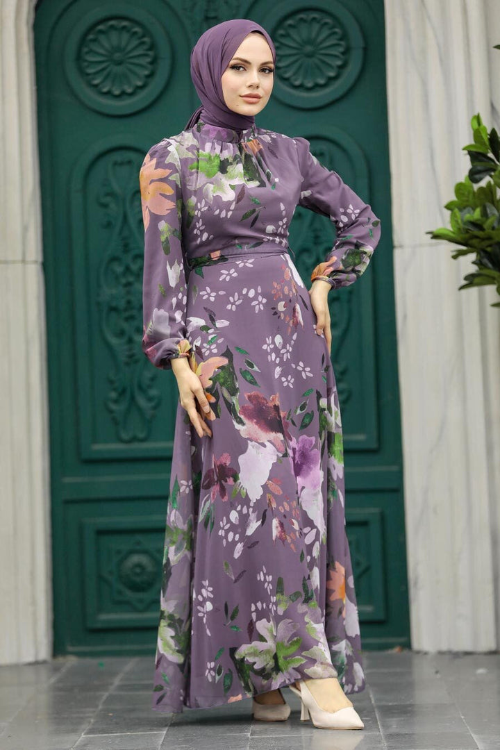 Urban Modesty - Purple Floral Chiffon Long Sleeve Maxi Dress
