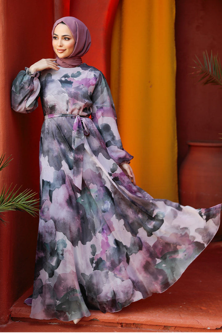 Purple Watercolor Chiffon Long Sleeve Maxi Dress