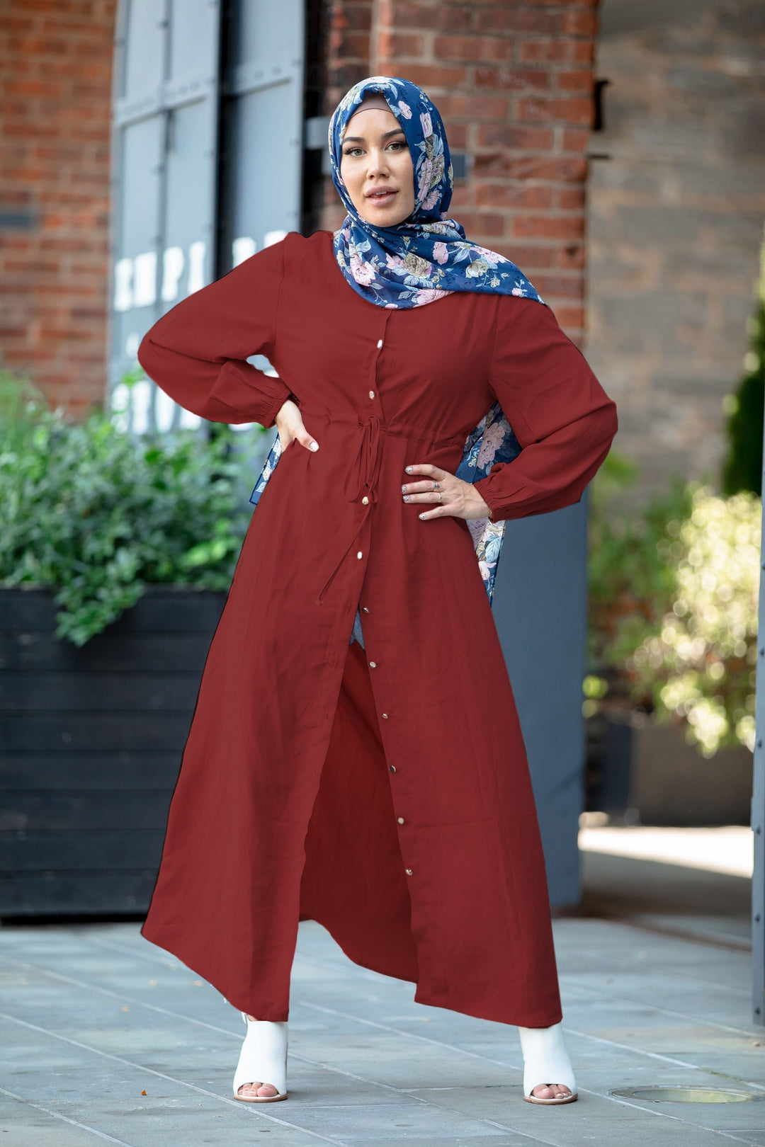 Urban Modesty - Red Button Down Drawstring Non-Sheer Maxi Cardigan