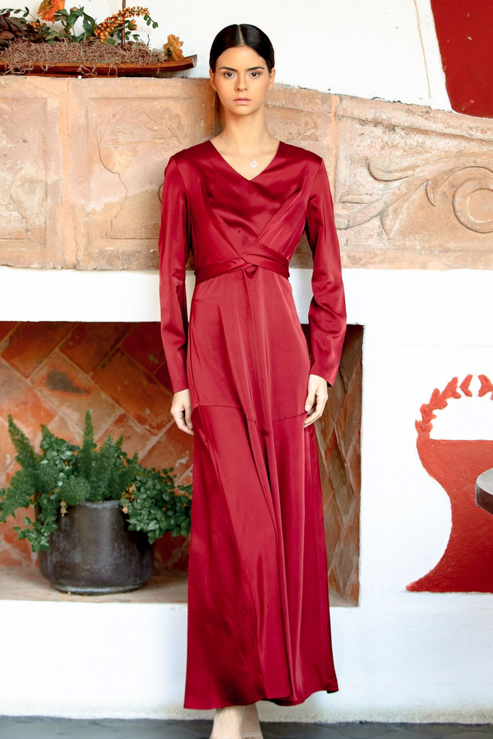 Urban Modesty - Red Criss Cross Satin Long Sleeve Maxi Dress
