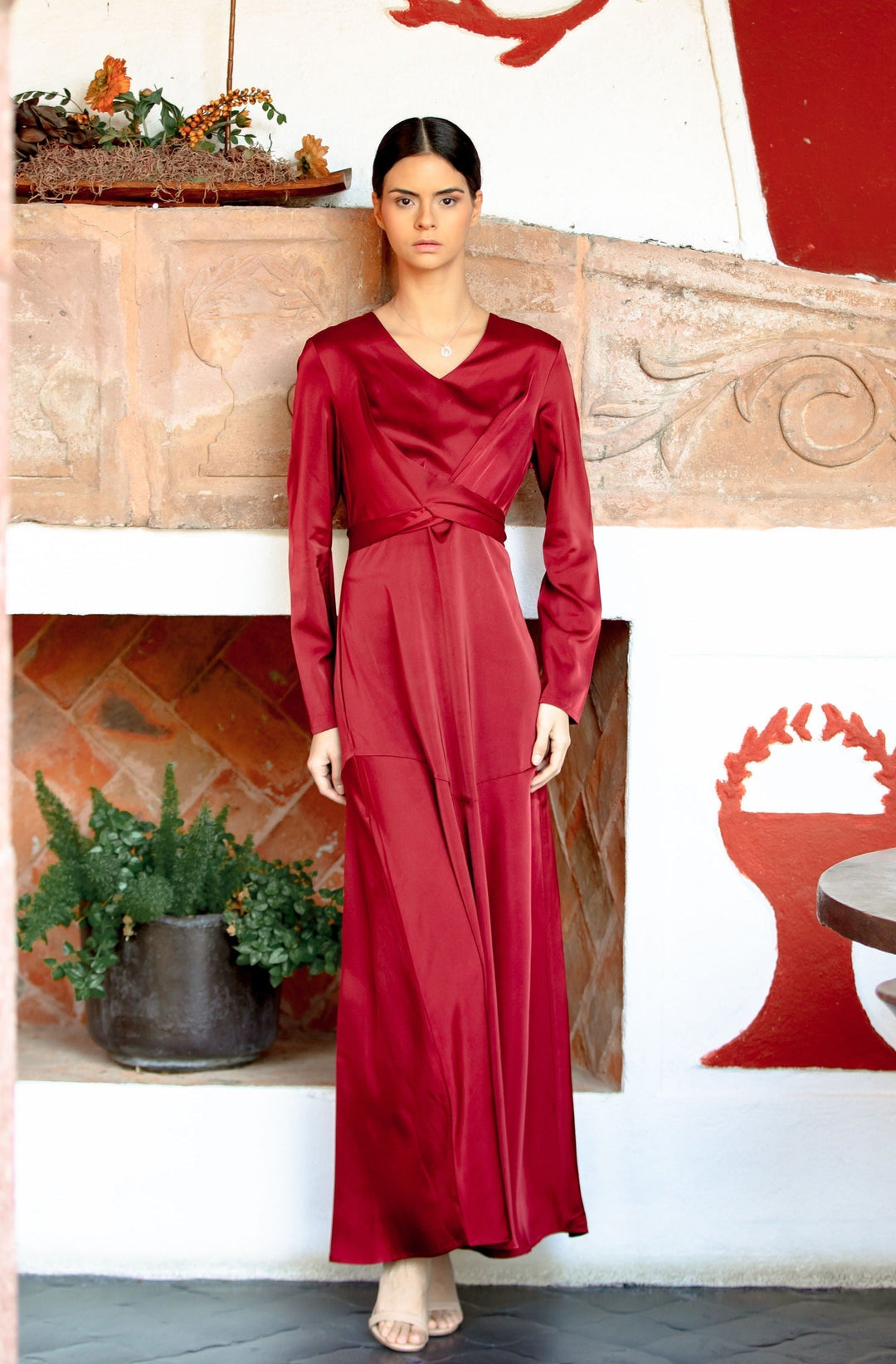 Urban Modesty - Red Criss Cross Satin Long Sleeve Maxi Dress