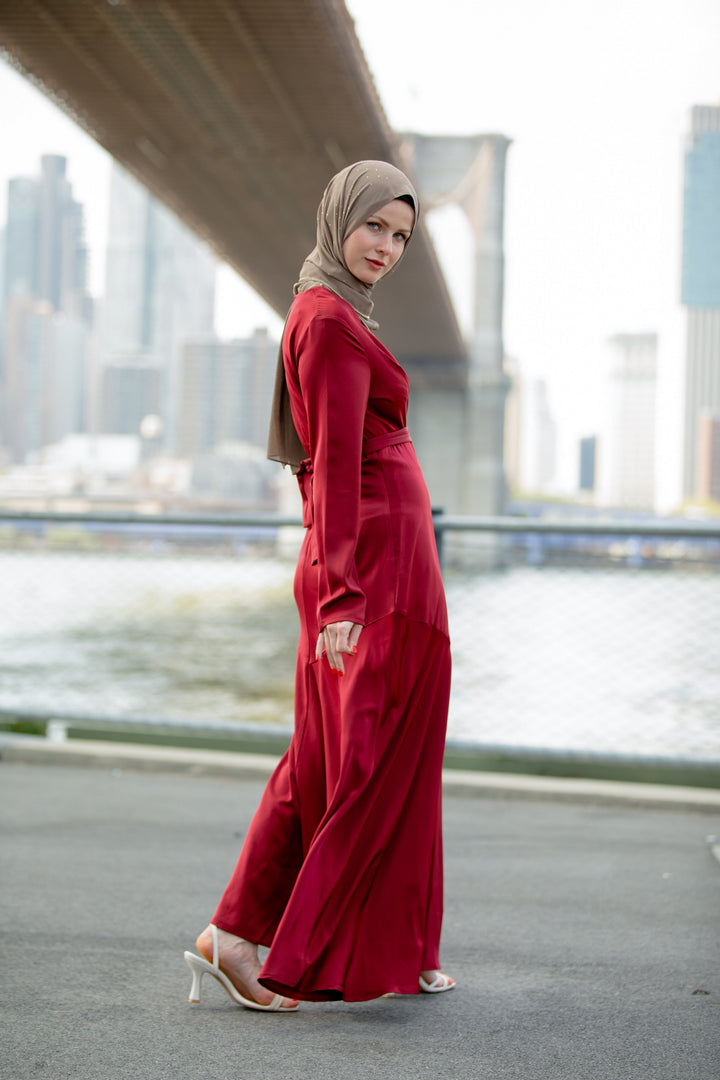 Red Criss Cross Satin Maxi Dress-CLEARANCE