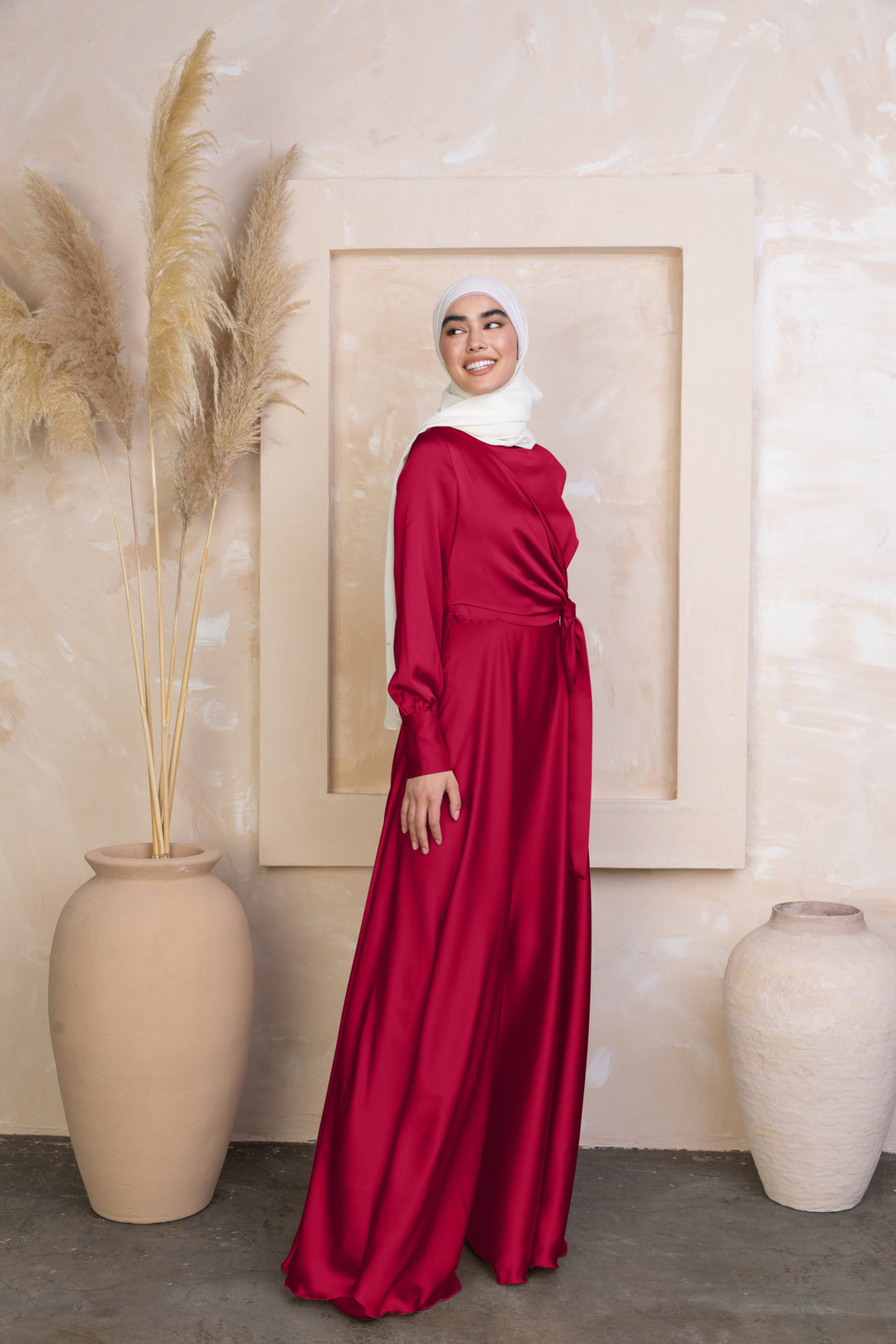 Urban Modesty - Red Diana Side Knot Satin Gown