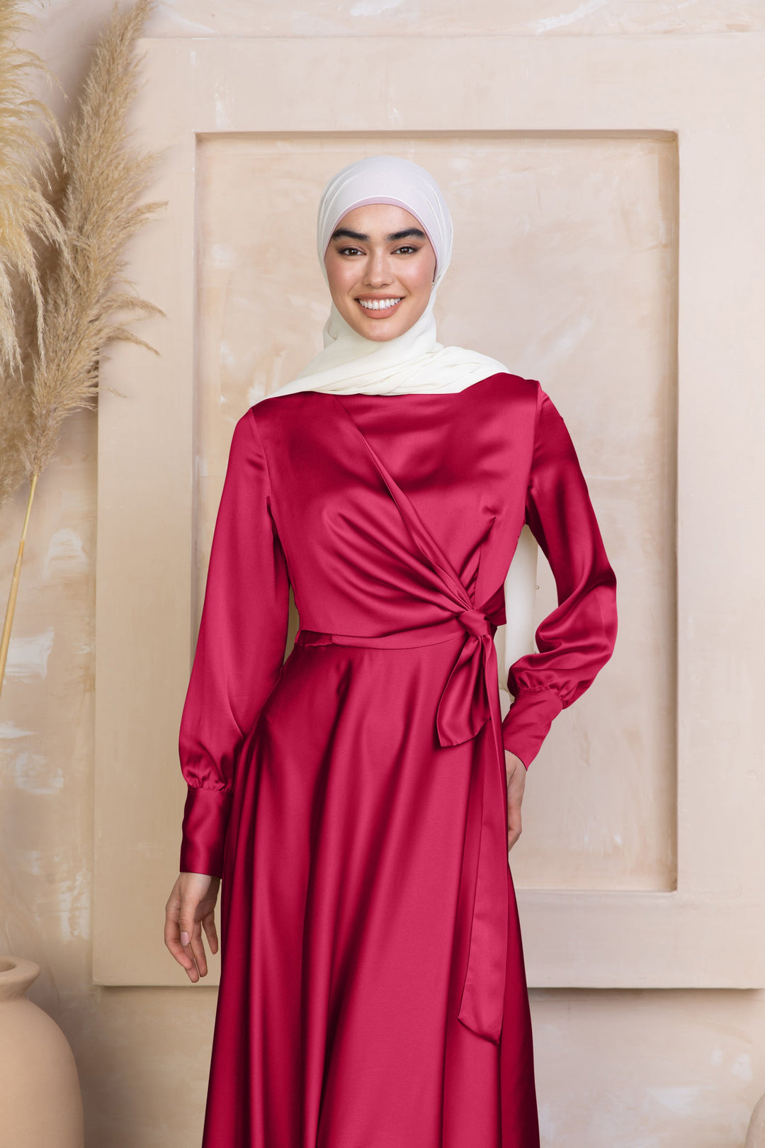 Urban Modesty - Red Diana Side Knot Satin Gown