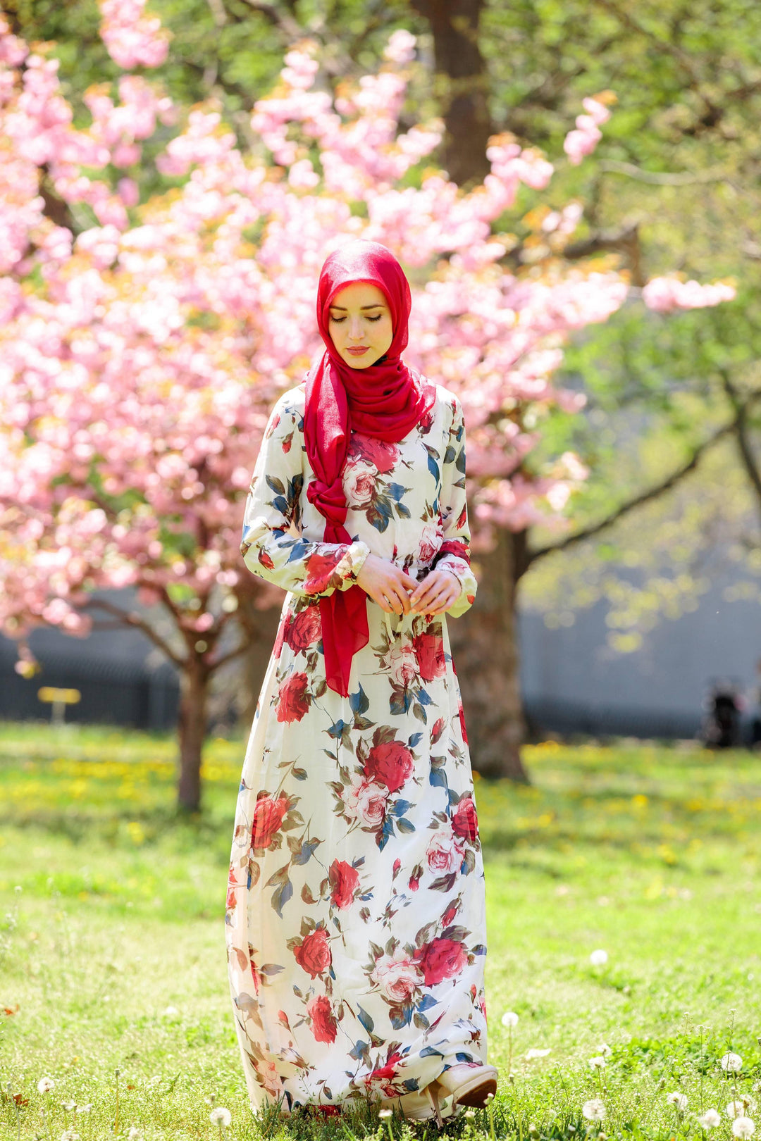 Urban Modesty - Red Floral Drawstring Maxi Dress