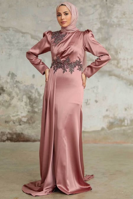 Urban Modesty - Rose Puff Sleeves Side Draped Satin Gown