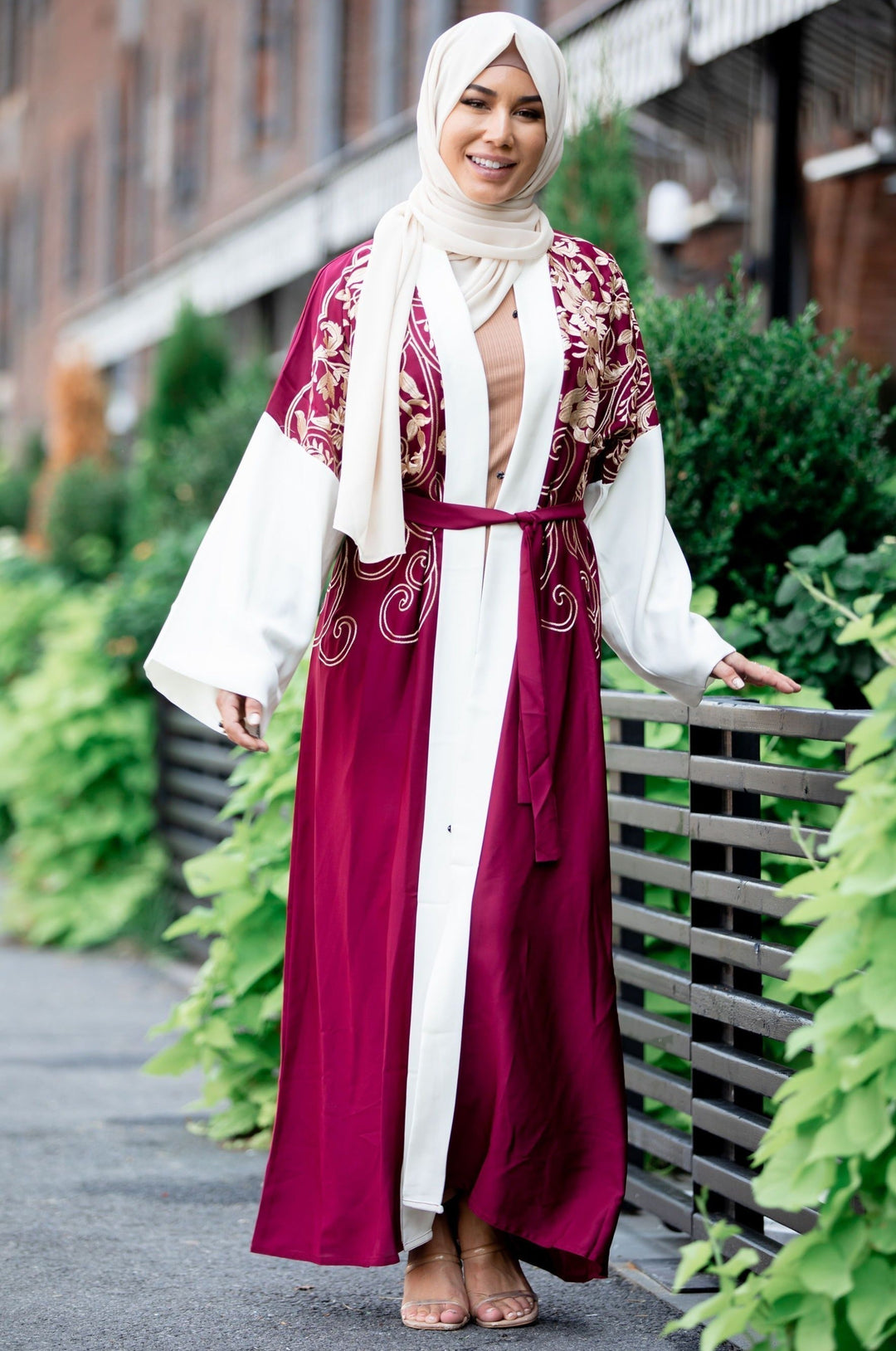 Urban Modesty - Royal in Red Embroidered Open Front Abaya