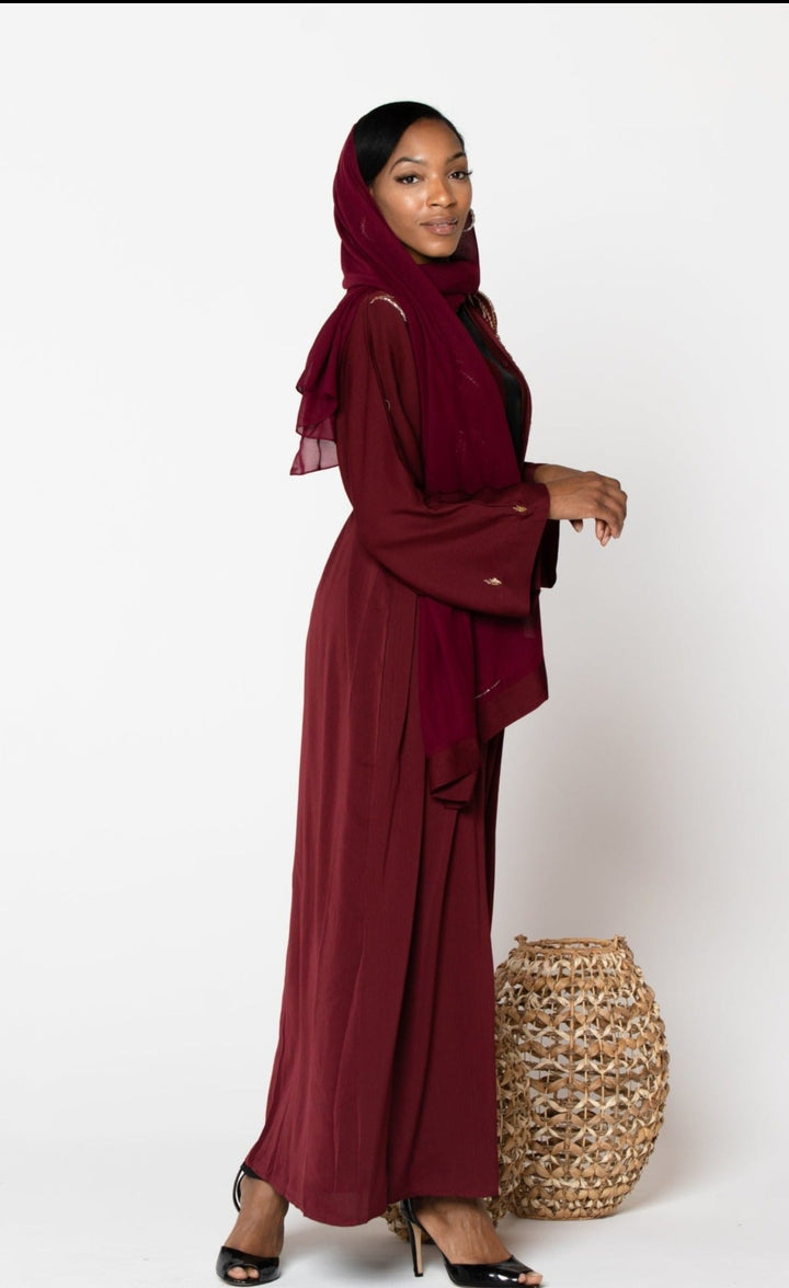 Urban Modesty - Ruby & Gold Sequined Open Front Abaya-CLEARANCE