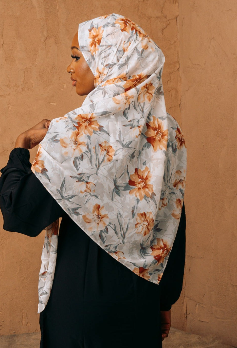 Urban Modesty - Rusty Orange and Gray Floral Print Chiffon Hijab