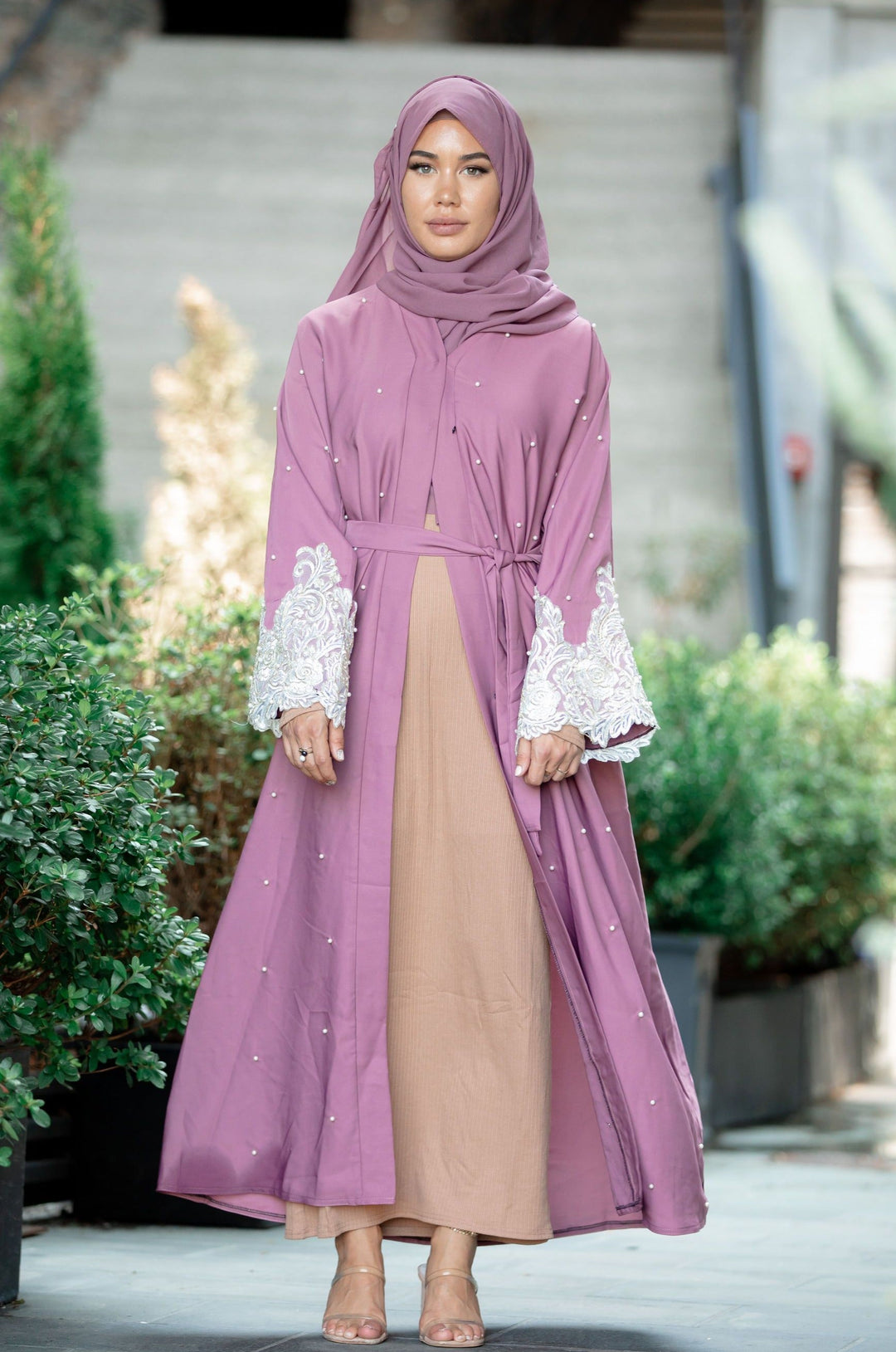 Urban Modesty - Saba Lace and Pearls Open Front Abaya