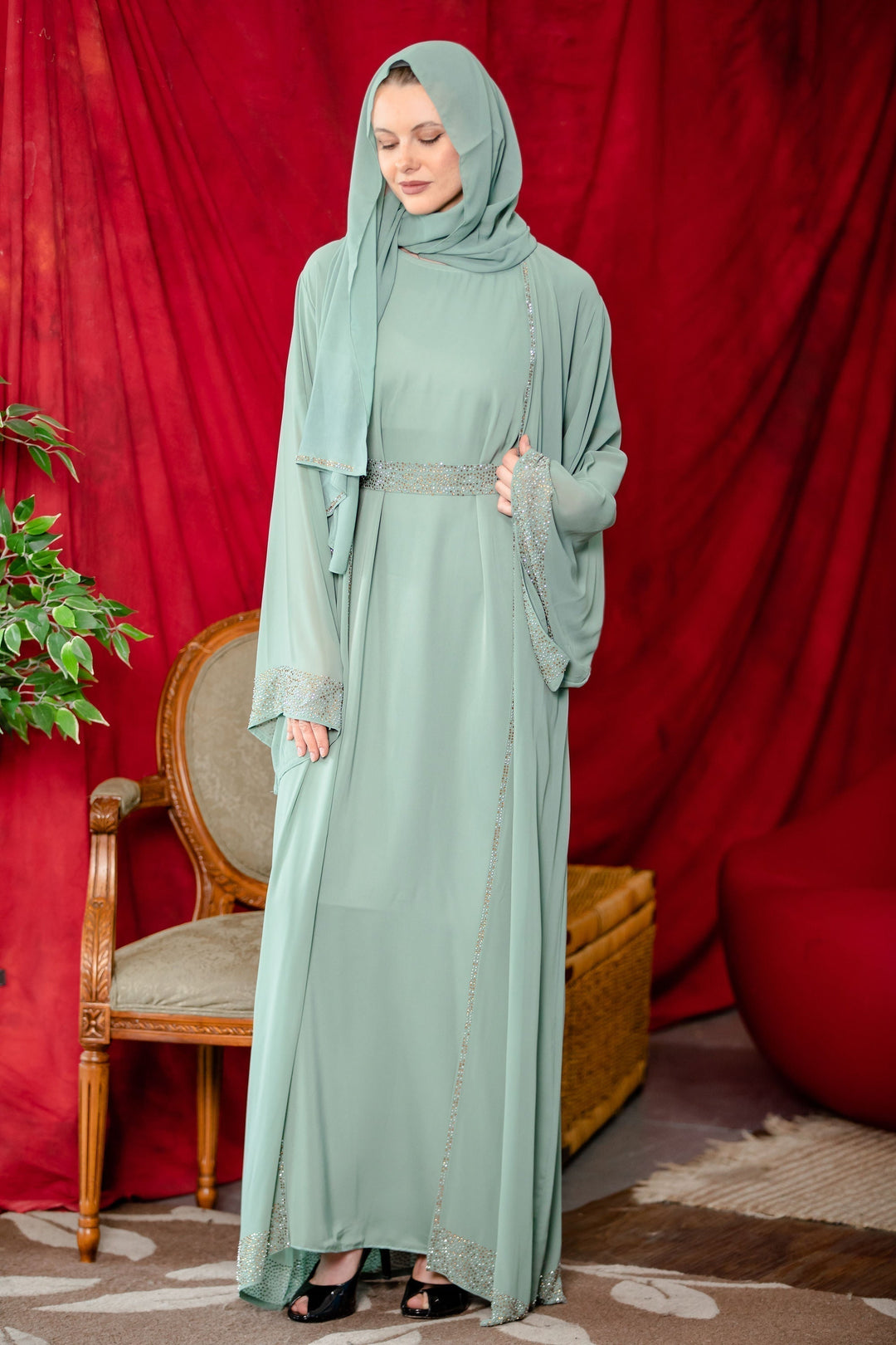 Sage Beaded Kimono Sleeves Abaya Set