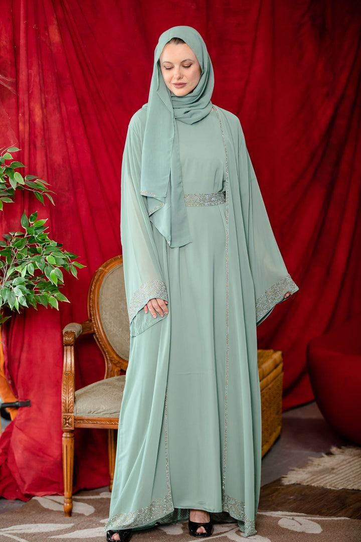 Sage Beaded Kimono Sleeves Abaya Set